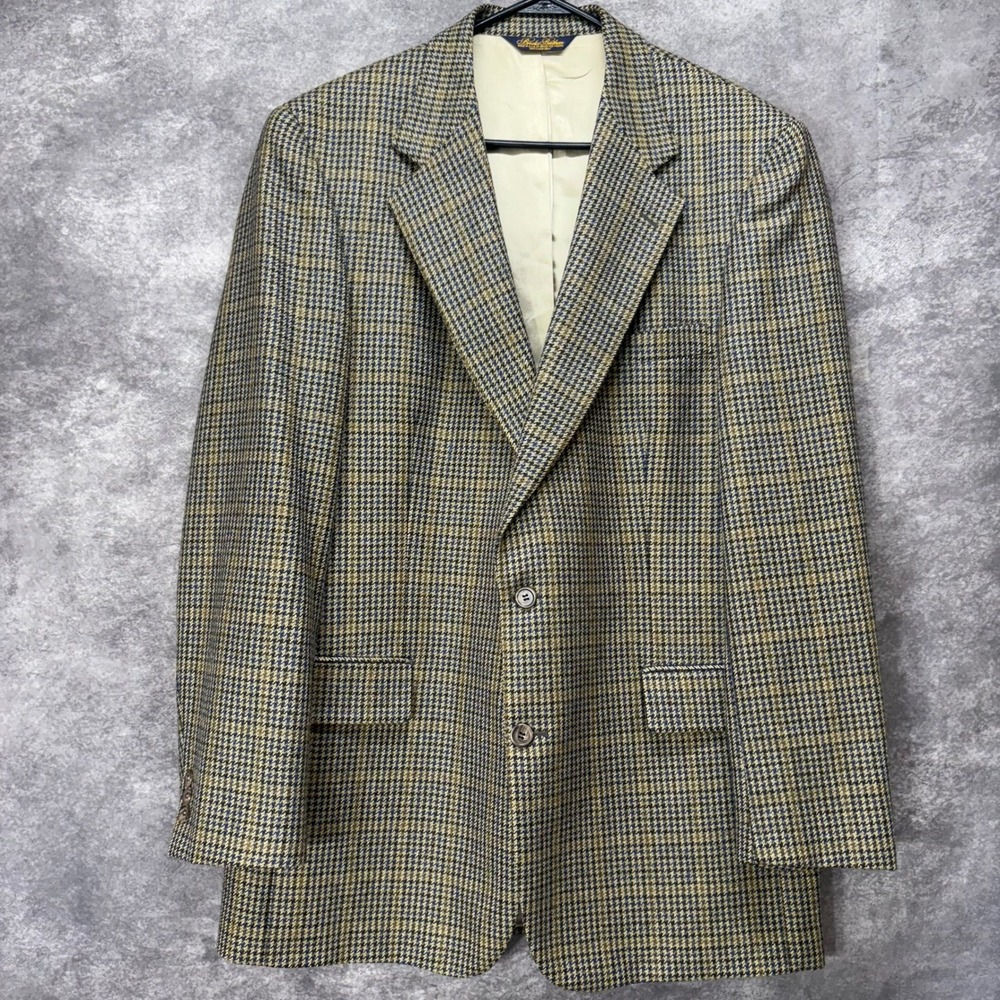 Brooks Brothers Houndstooth Plaid Sportscoat Blazer Mens 42L Tan Wool Union Made